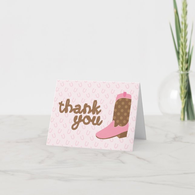 Pink Cowgirl Boot Western Party Thank You Notes (Front)