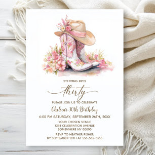 Pink Cowgirl Boots and Hat 30th Birthday Party Invitation