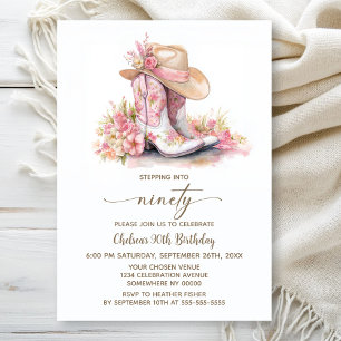 Pink Cowgirl Boots and Hat 90th Birthday Party Invitation