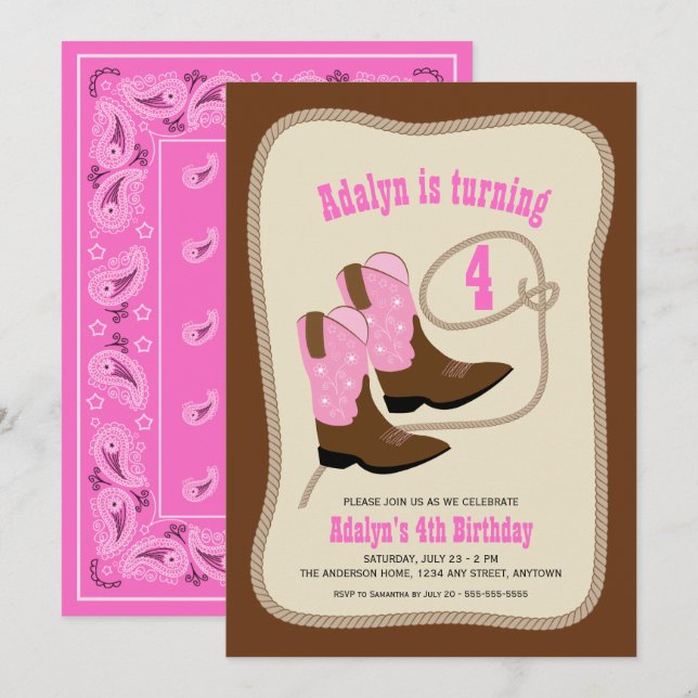 Pink Cowgirl Boots | Girl’s Western Birthday Party Invitation (Front/Back)