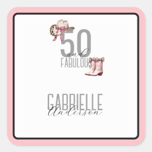 Pink Cowgirl Boots Hat 50 Fabulous Favour Square Sticker