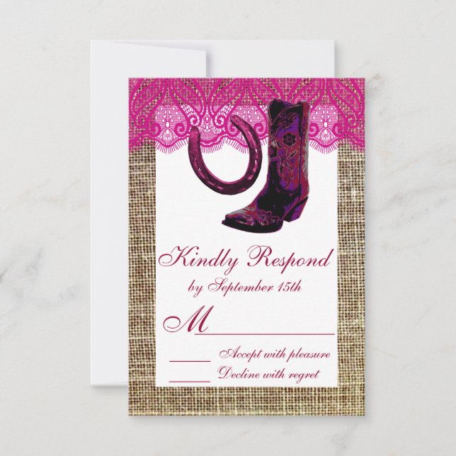 Pink Cowgirl Boots Horseshoe Burlap Lace RSVP (Front)