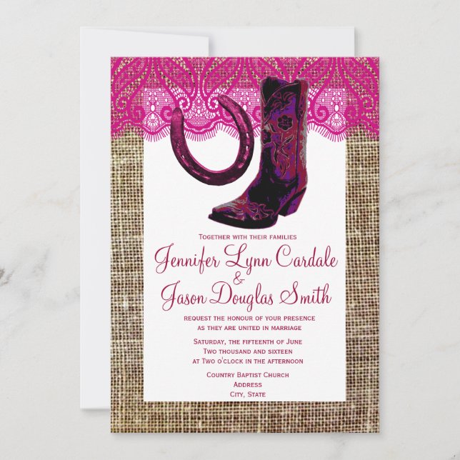 Pink Cowgirl Boots Horseshoe Burlap Lace Wedding Invitation (Front)