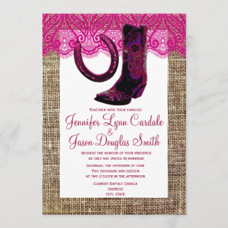 Pink Cowgirl Boots Horseshoe Burlap Lace Wedding Invitation