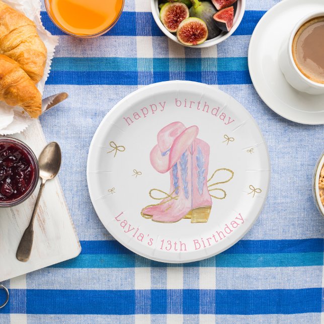 Pink Cowgirl Boots Western Birthday  Paper Plate (Creator Uploaded)