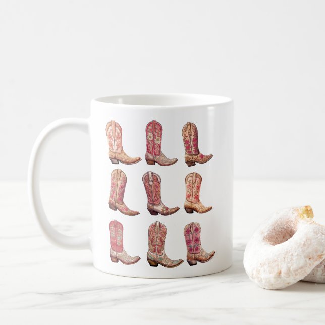 Pink Cowgirl Boots, Western Floral Country Coffee Mug (With Donut)