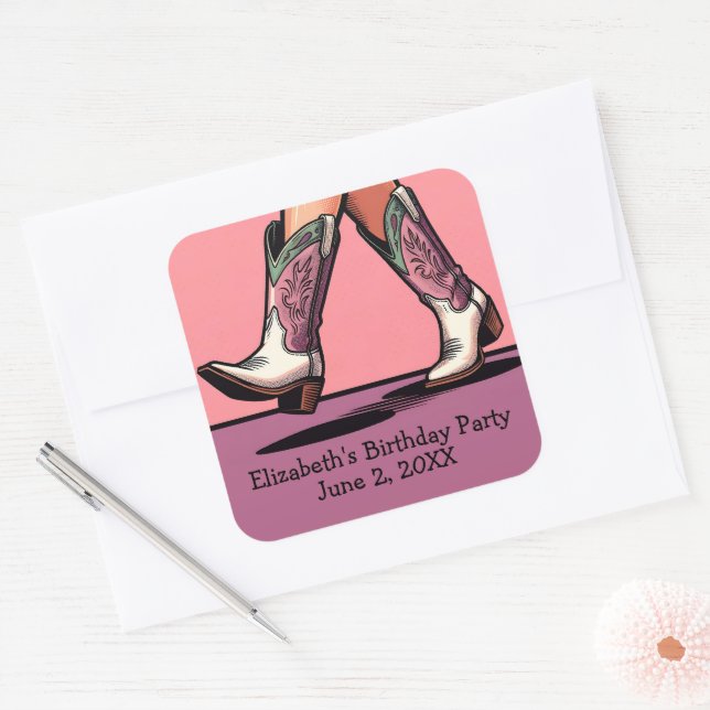 Pink Cowgirl Boots Western Girl Birthday Party Square Sticker (Envelope)