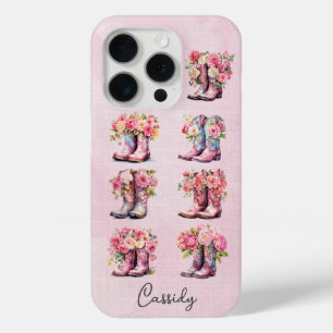 Pink Cowgirl Boots with Flowers Monogrammed iPhone 15 Pro Case