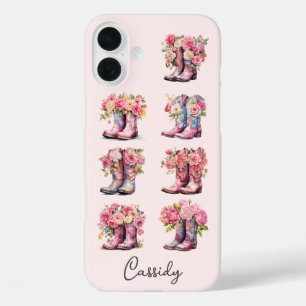 Pink Cowgirl Boots with Flowers Monogrammed iPhone 16 Plus Case