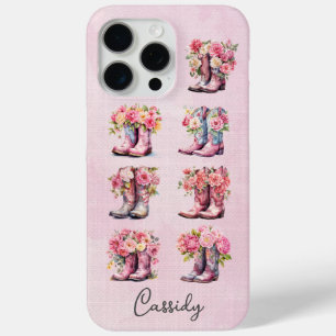 Pink Cowgirl Boots with Flowers Monogrammed iPhone 15 Pro Max Case