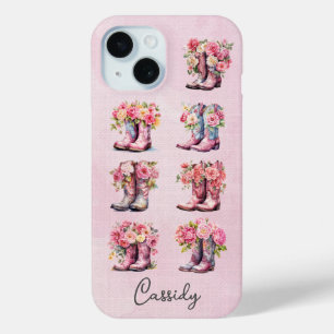 Pink Cowgirl Boots with Flowers Monogrammed iPhone 15 Case