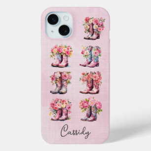 Pink Cowgirl Boots with Flowers Monogrammed iPhone 15 Mini Case