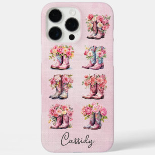 Pink Cowgirl Boots with Flowers Monogrammed iPhone 16 Pro Max Case