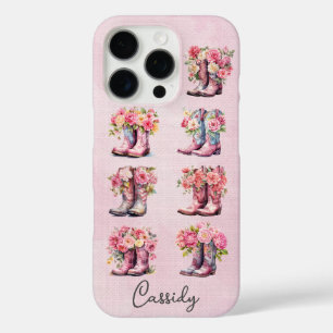 Pink Cowgirl Boots with Flowers Monogrammed iPhone 16 Pro Case