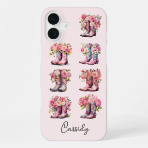 Pink Cowgirl Boots with Flowers Monogrammed iPhone 16 Plus Case