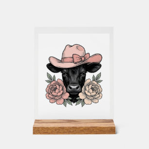 Pink Cowgirl Calf with Peonies Vintage Vector_1 Acrylic Sign