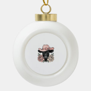 Pink Cowgirl Calf with Peonies Vintage Vector_1 Ceramic Ball Christmas Ornament