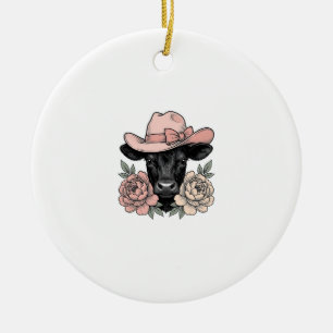 Pink Cowgirl Calf with Peonies Vintage Vector_1 Ceramic Tree Decoration