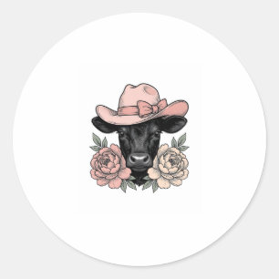 Pink Cowgirl Calf with Peonies Vintage Vector_1 Classic Round Sticker