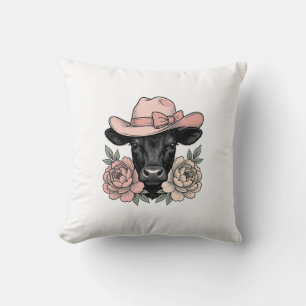 Pink Cowgirl Calf with Peonies Vintage Vector_1 Cushion