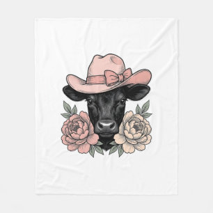 Pink Cowgirl Calf with Peonies Vintage Vector_1 Fleece Blanket