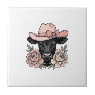 Pink Cowgirl Calf with Peonies Vintage Vector_1 Tile