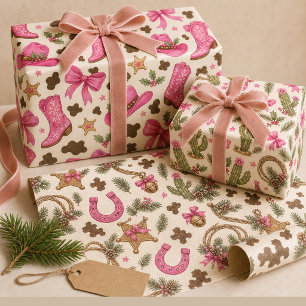 Pink Cowgirl Christmas Cactus Bows Western Wrapping Paper Sheet