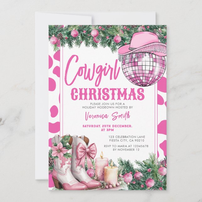 Pink Cowgirl Christmas Party Western Holiday Boots Invitation (Front)