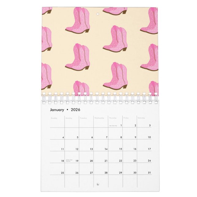 Pink Cowgirl Cowboy Boots Country Texas Ranch Calendar (Jan 2026)