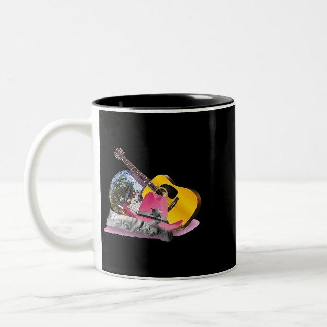 Pink Cowgirl Cowboy Hat Disco Ball Boots Guitar Two-Tone Coffee Mug (Left)