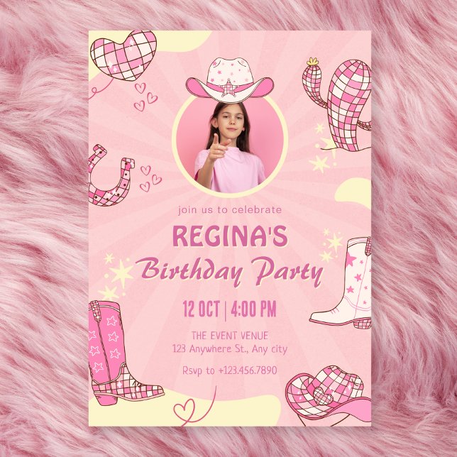Pink cowgirl disco photo birthday invitation (Creator Uploaded)