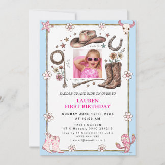 Pink Cowgirl First Rodeo Birthday Invitation