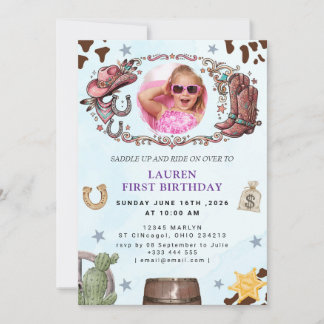 Pink Cowgirl First Rodeo Birthday Invitation