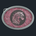 Pink cowgirl floral tooled leather horse head belt buckle<br><div class="desc">Pink cowgirl floral tooled leather design with a floral horse head,  western style leather design. Available in more colours. For horse lovers,  equestrians.</div>