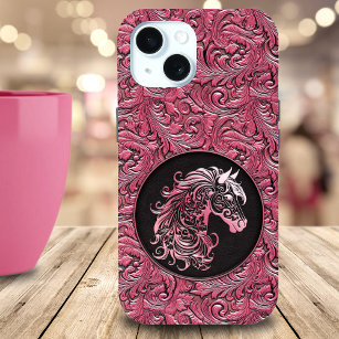 Pink cowgirl floral tooled leather horse head iPhone 15 case