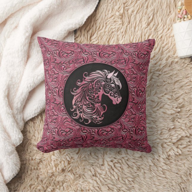 Pink cowgirl floral tooled leather horse head cushion (Blanket)