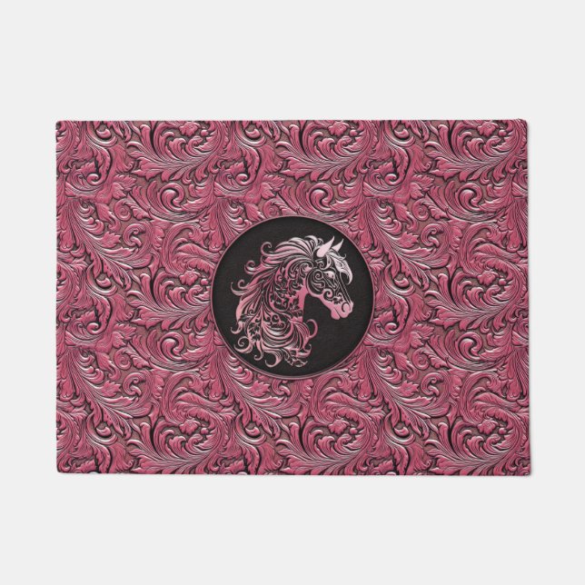 Pink cowgirl floral tooled leather horse head doormat (Front)