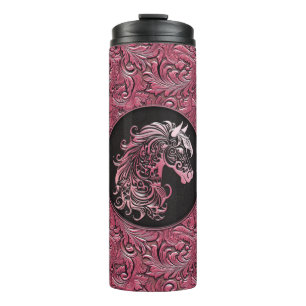 Pink cowgirl floral tooled leather horse head thermal tumbler