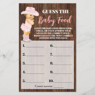Pink Cowgirl Guess the Baby Food Shower Game Card