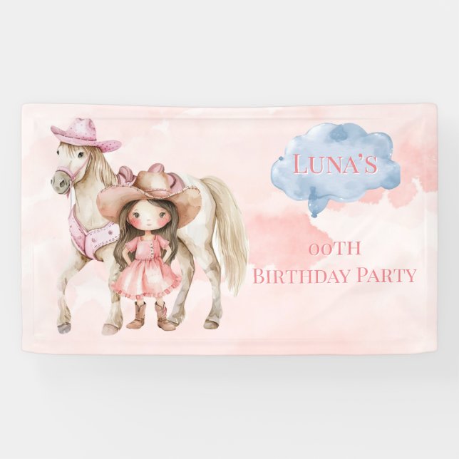 Pink Cowgirl Horse 00th Birthday Party Banner (Horizontal)