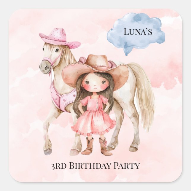 Pink Cowgirl Horse 00th Birthday Party Square Sticker (Front)
