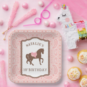 Pink Cowgirl Horse Silhouette 10th Birthday Paper Plate