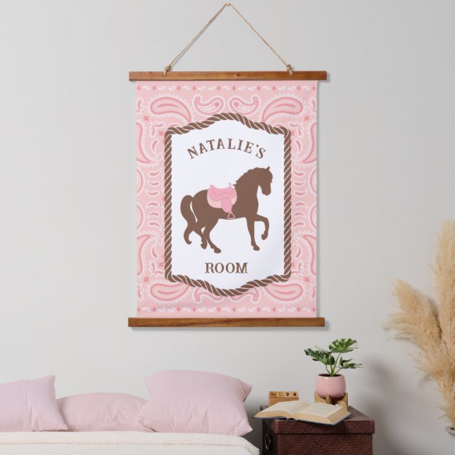 Pink Cowgirl | Horse Silhouette | Room Sign Hanging Tapestry (Bedroom)