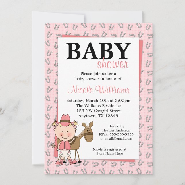 Pink Cowgirl Horseshoes Baby Shower Invitations (Front)