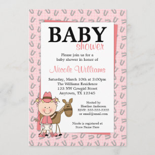 Pink Cowgirl Horseshoes Baby Shower Invitations
