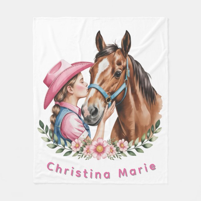 Pink Cowgirl Kissing a Horse Birthday Party  Fleece Blanket (Front)