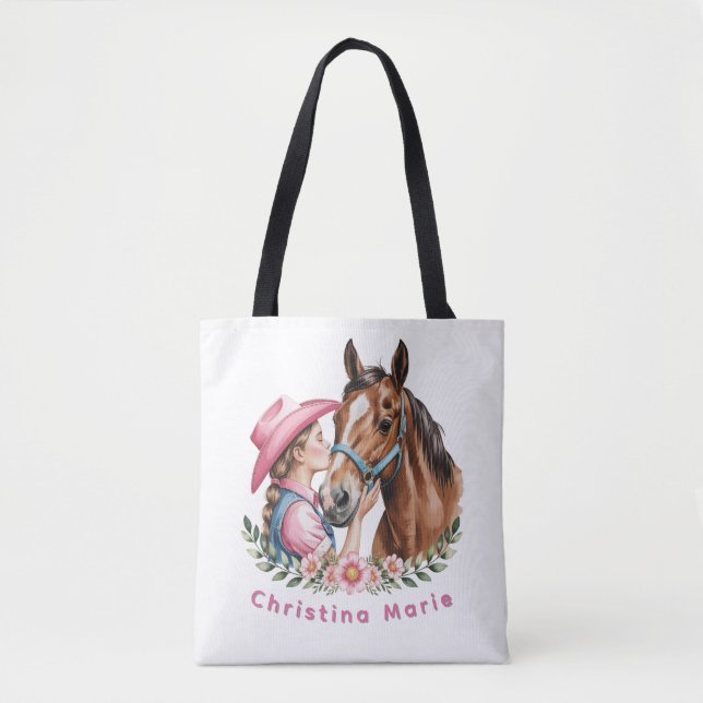 Pink Cowgirl Kissing a Horse Birthday Party Gift Tote Bag (Front)