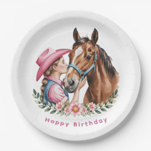 Pink Cowgirl Kissing a Horse Birthday Party Paper Plate