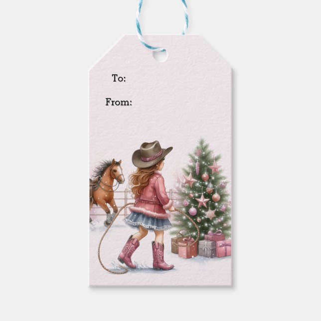 Pink Cowgirl Lassoing Christmas  Gift Tags (Front)