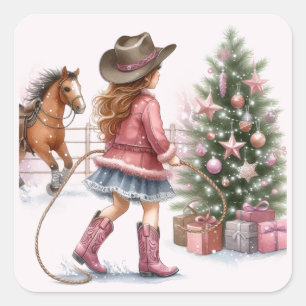 Pink Cowgirl Lassoing Christmas  Square Sticker